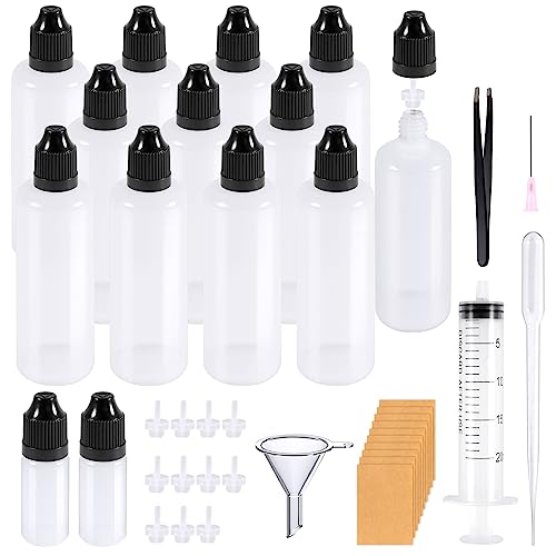 RYMALL Liquid Flaschen, Tropfflasche 12x100ml+2x10ml Dropper Bottle Quetschflaschen mit Kindersicherung Deckel Inkl. Trichter Etiketten Transfer Pipette Spritzen und Pinzetten für Liquids