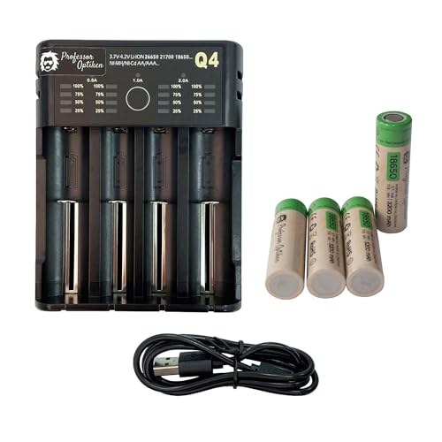 Professor Optiken universal Batterie-Ladegerät/für Lithium-Ionen (Li-Ion) und Nickel-Metall Akkus (NI-MH), 0,5-2A, 4er/4-fach – inkl. 4er-Set / 4X Akku – Typ: 18650, 3,7 Volt mit 3200 mAH | Yonii Q4