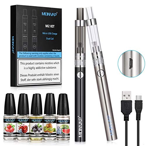 E Zigarette Starter Set, MONVAP M2 Komplettset ohne Nikotin, 2er E Zigaretten + 5er E-Liquids, Micro-USB-Aufladung, Verdampfer 1.6ohm 2ml 0.0mg (Schwarzes/Silber)