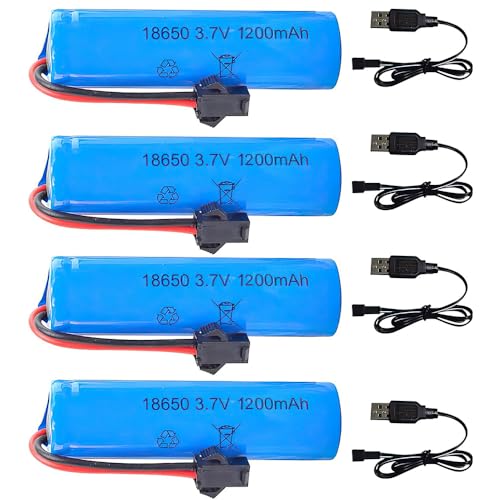 Hojalis 3.7V 1200mah Li-ion Battery, 4 Stück Akku 18650 3.7v mit 4 USB Chargers SM-2P Plug, Li-ion Power Ersatz Akku, Rechargable RC Akku, für Ferngesteuertes Auto, Boote, Panzer, Autos, Roboter