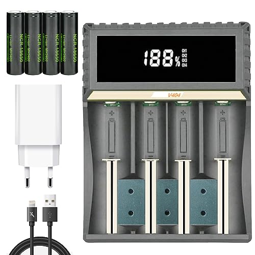 18650 Akku Ladegerät: Aufladbare Batterien Ladegerät mit Kapazitätsanzeige und 4 Schacht Batterien Ladegerät für 4.2V Li-Ion LiFePO4 NI-MH NI-Cd AA AAA C 18350 18500 18700 20700 21700 26650 RCR123