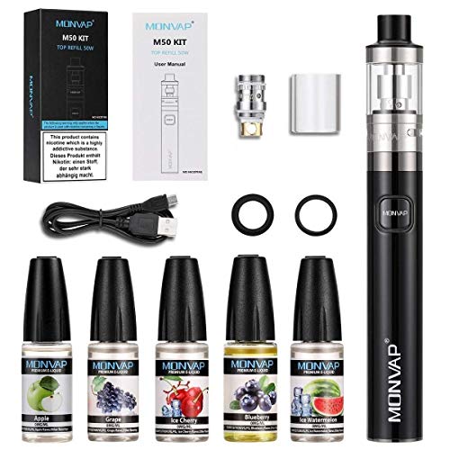 E Zigarette Starter Set 50W, MONVAP M50 Vape Pen mit 5x10ml E Liquid, Top Refill Verdampfer 0,5 ohm 2ml, 1500mAh Vape Akku, E Shisha Ohne Nikotin 0.0mg (Schwarz)